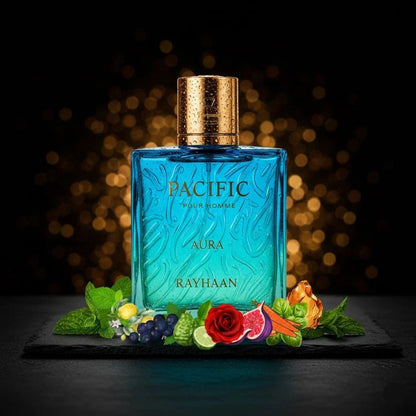 Rayhaan Pacific Aura Pour Homme Eau de Parfum 100ml perfume bottle with citrus and herbs
