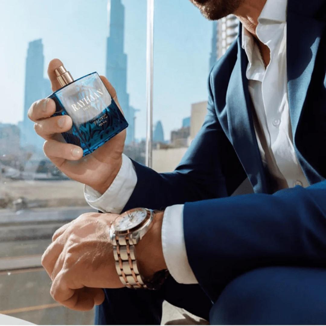 Rayhaan Pacific for Men Eau de Parfum 100ml bottle and box on display