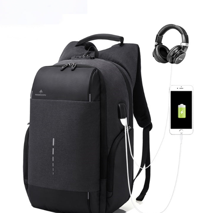 Black backpack with USB port, headphones, and smartphone on a white background