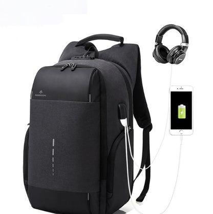 Black backpack with USB port, headphones, and smartphone on a white background