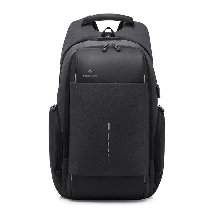 Black best travel commuter laptop backpack with a visible Riseicon brand logo on a white background