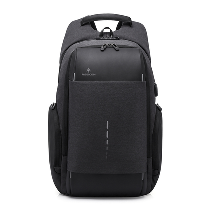 Black best travel commuter laptop backpack with a visible Riseicon brand logo on a white background