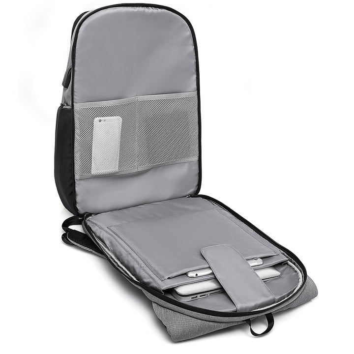 Grey travel commuter backpack with open compartment showing laptop organized slots on a white background by Riseicon