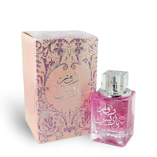 Rose Paris 100ml EDP by Ard Al Zaafaran Pink perfume bottle with decorative box on a white background