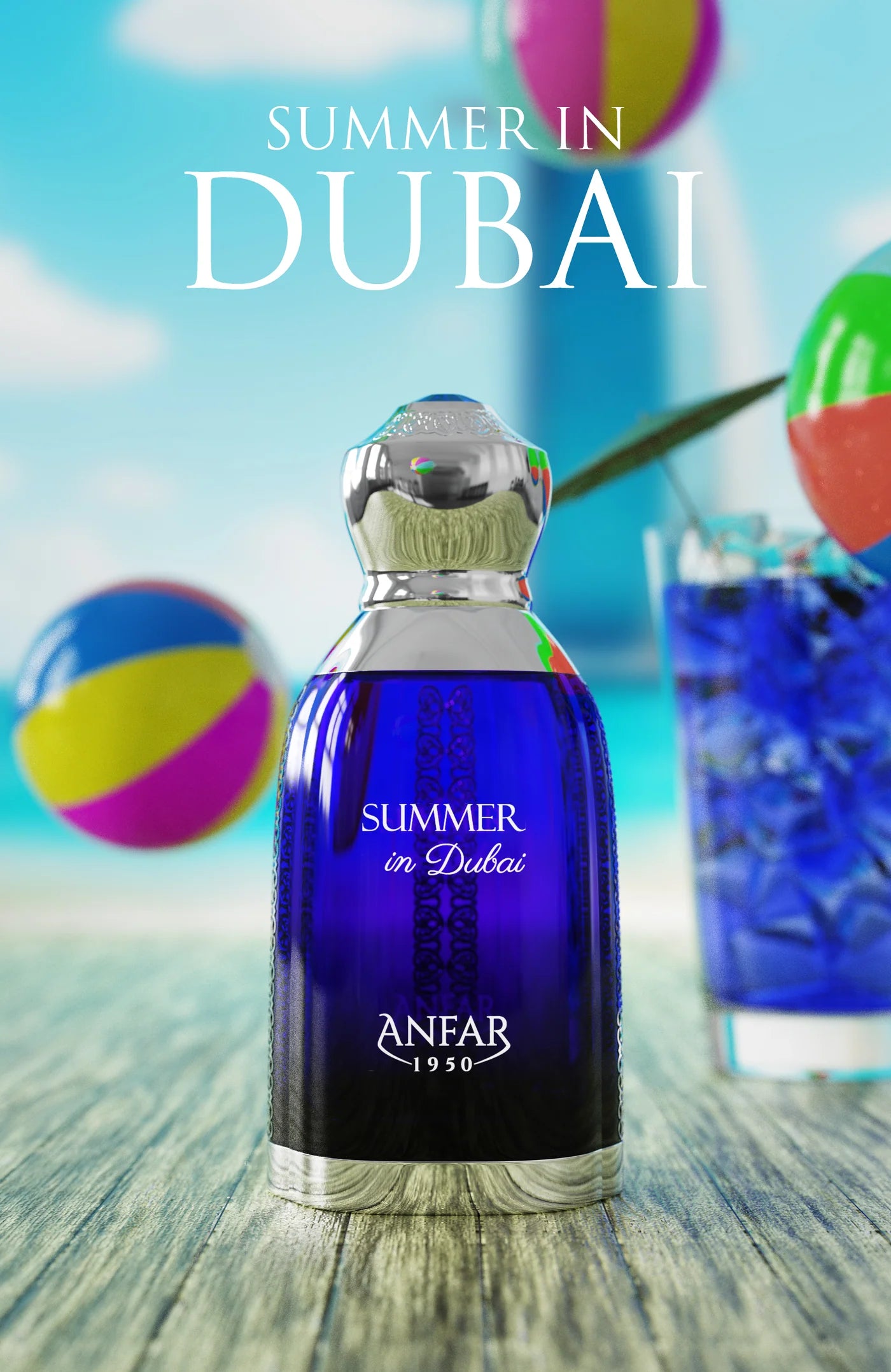 Blue perfume bottle labeled 'Summer in Dubai' by Anfar with beach balls and a glass of water in the background.