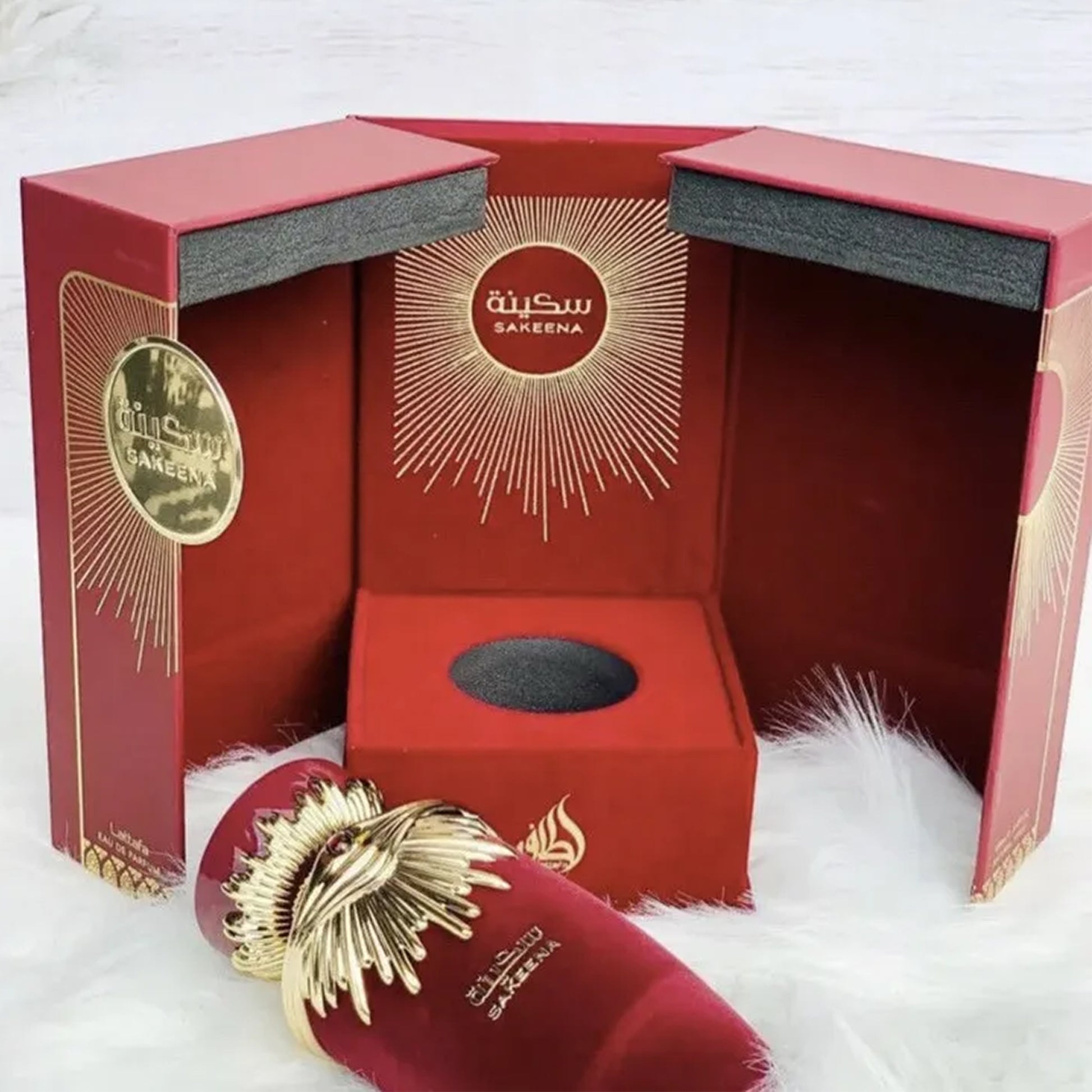 Sakeena - by Lattafa 100ml EDP bottle horizontal box open display