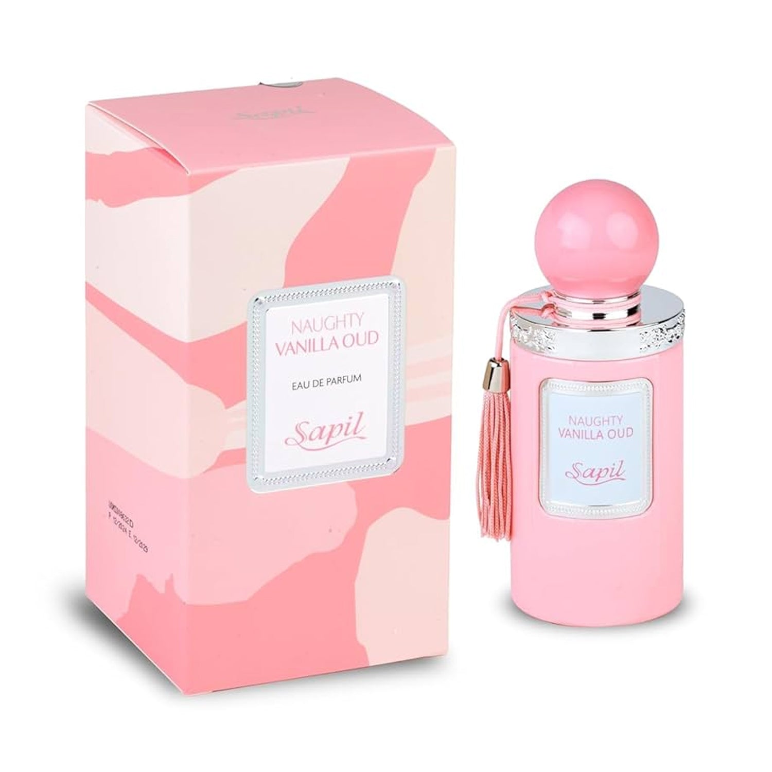 Sapil Naughty Vanilla Oud Unisex EDP 100ml Pink perfume bottle with tassel and matching box on a white background