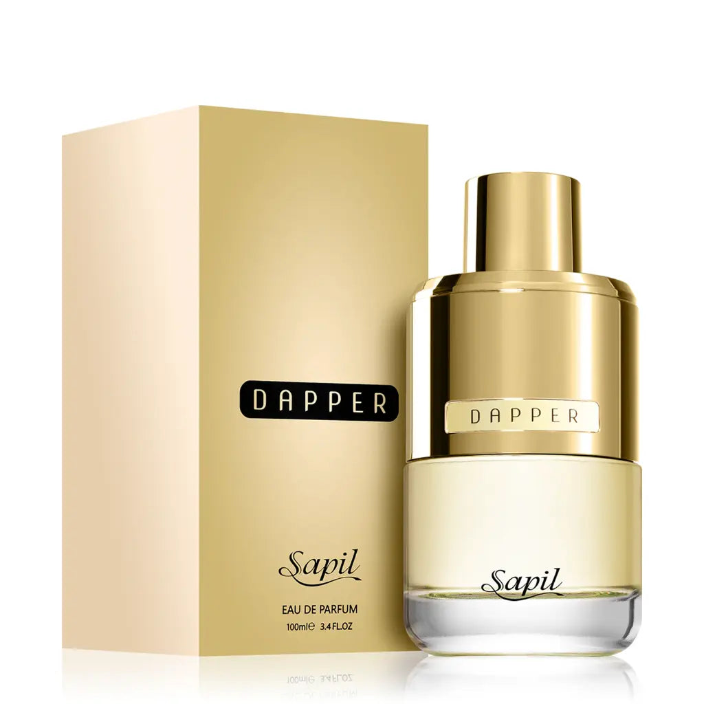 Gold Dapper Sapil perfume bottle and packaging on a white background