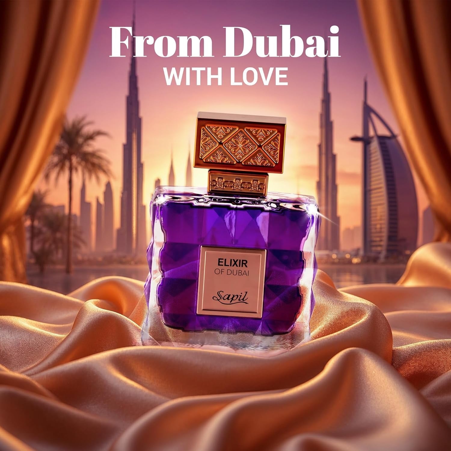 Sapil Elixir Of Dubai 100ml Eau de Parfum with Dubai backdrop