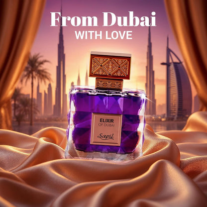 Sapil Elixir Of Dubai 100ml Eau de Parfum with Dubai backdrop