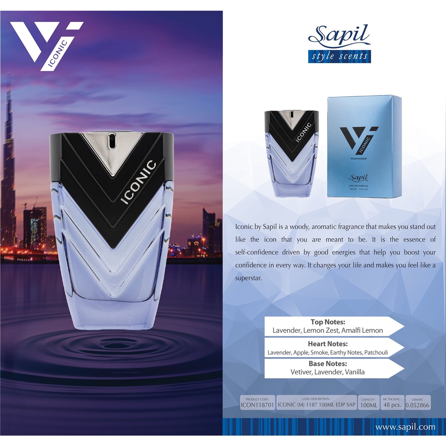 Sapil Iconic 100ml Eau de Parfum with product details layout