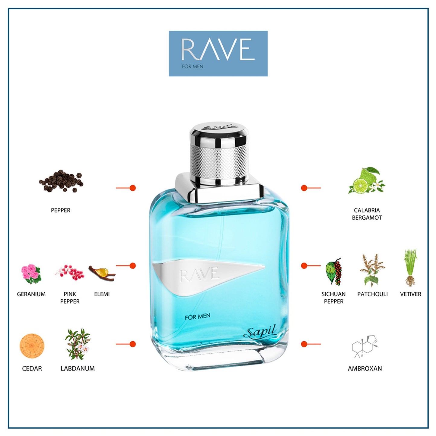 Sapil Rave Eau de Toilette 100ml citrus and spice ingredient notes