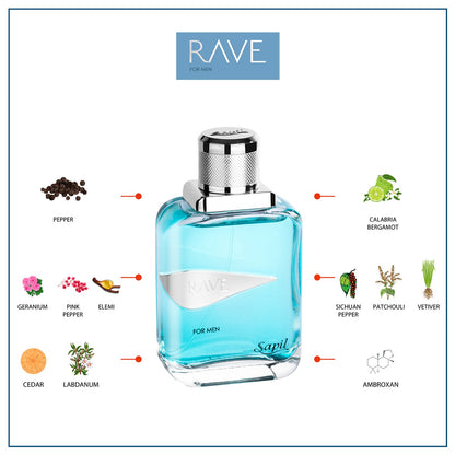Sapil Rave Eau de Toilette 100ml citrus and spice ingredient notes