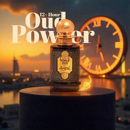 Sapil Royale Oud bottle with clock background and Oud Power text