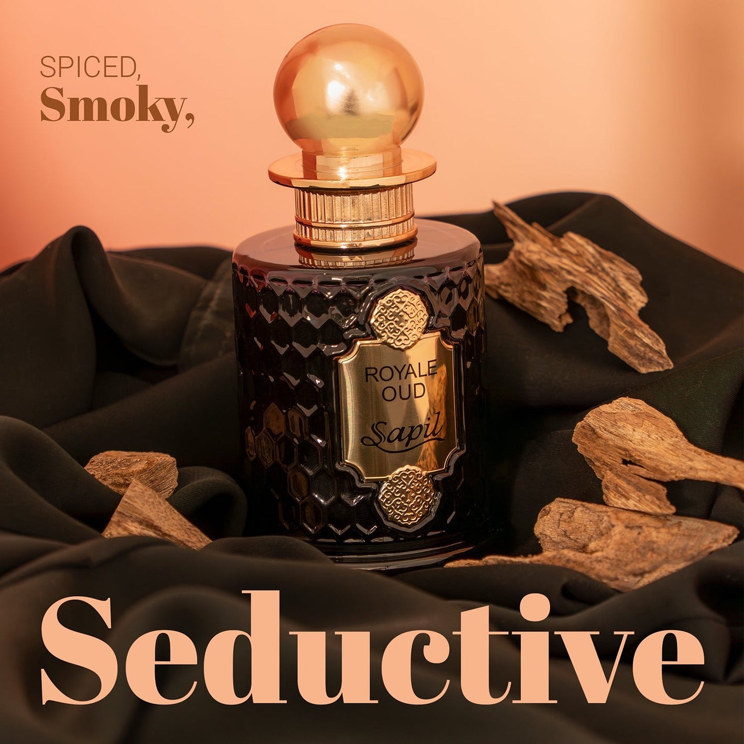 Sapil Royale Oud bottle with wood and Seductive text