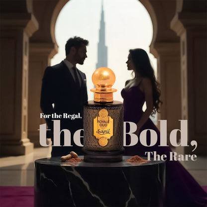 Sapil Royale Oud perfume bottle between a stylish couple