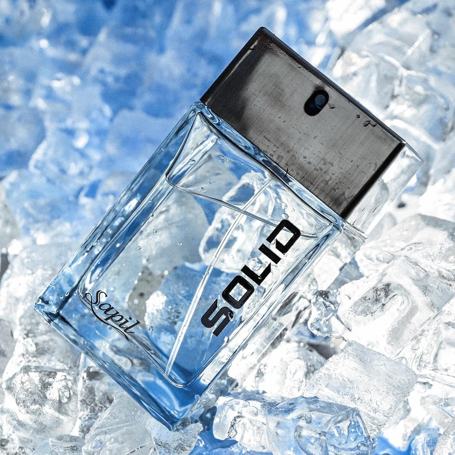 Sapil Solid 100ml EDT Mens bottle placed on crushed ice