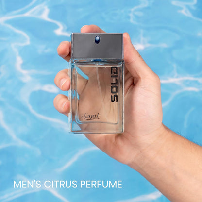 Sapil Solid 100ml EDT Mens bottle held above water surface