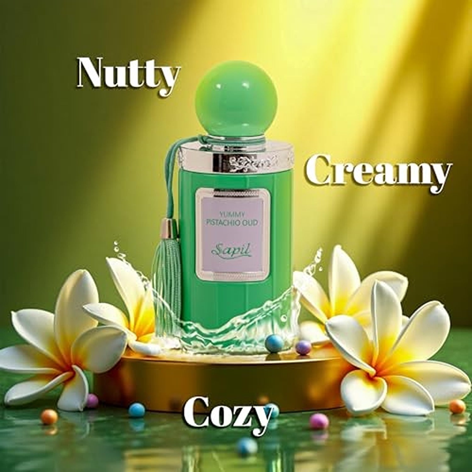 Sapil Yummy Pistachio Oud bottle with nutty creamy cozy text
