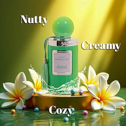 Sapil Yummy Pistachio Oud bottle with nutty creamy cozy text