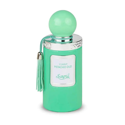 Sapil Yummy Pistachio Oud fragrance bottle with tassel