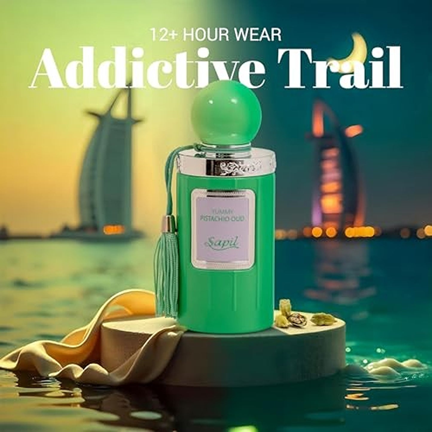 Sapil Yummy Pistachio Oud with addictive trail display