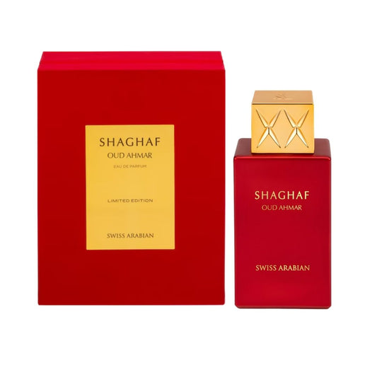 Swiss Arabian Shaghaf Oud Ahmar Unisex EDP 75ml bottle and box front view