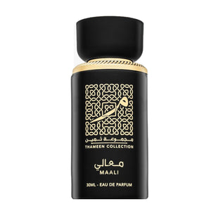 Lattafa Maali Thameen Collection Perfume 30ml EDP Black perfume bottle with gold accents and intricate design on a white background