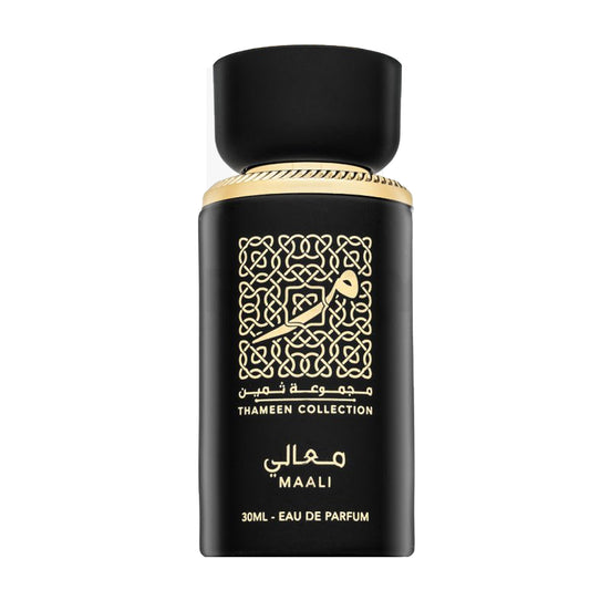 Lattafa Maali Thameen Collection Perfume 30ml EDP Black perfume bottle with gold accents and intricate design on a white background