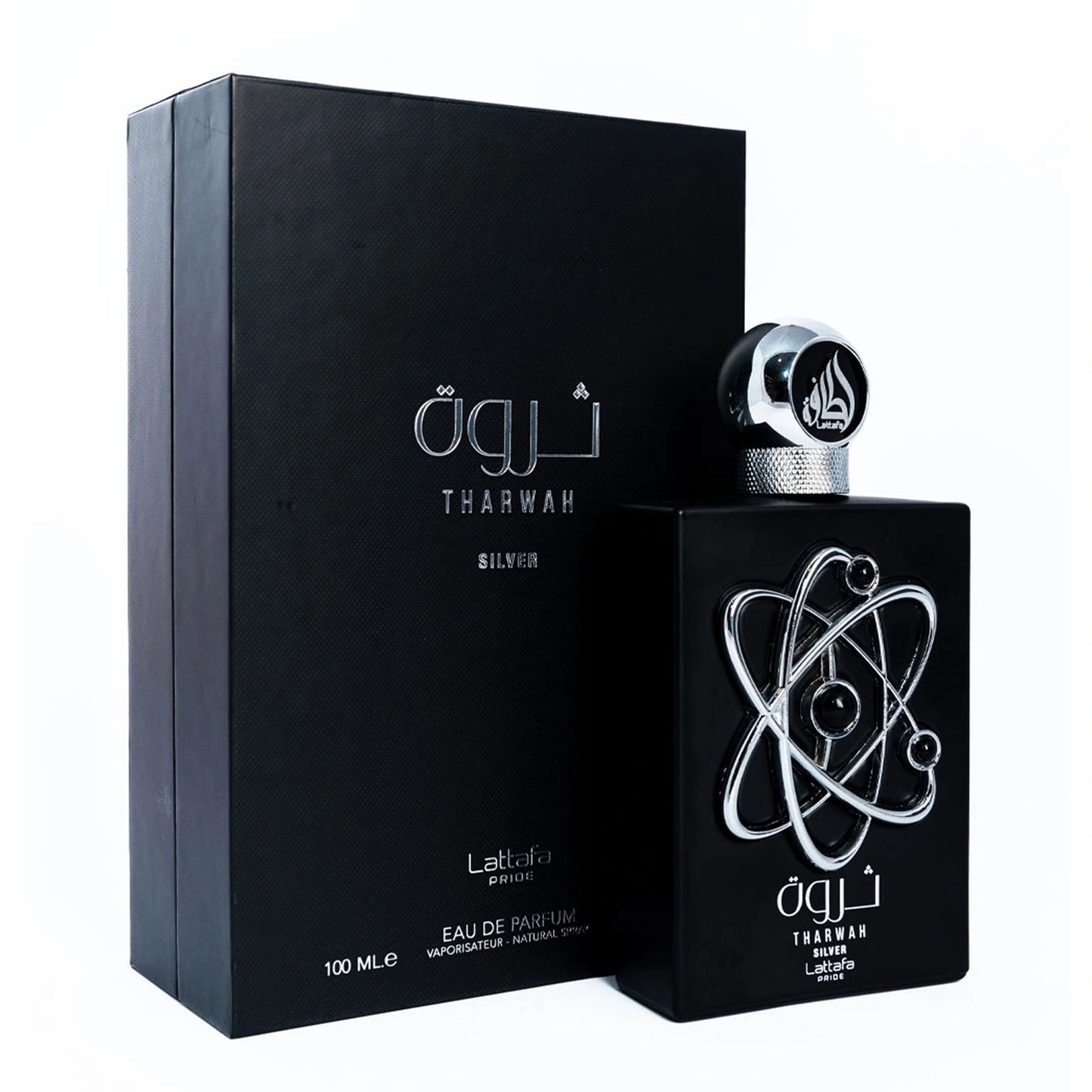 Tharwah Silver 100ml EDP by Lattafa Pride bottle and box