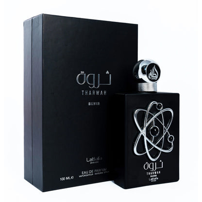 Tharwah Silver 100ml EDP by Lattafa Pride bottle and box