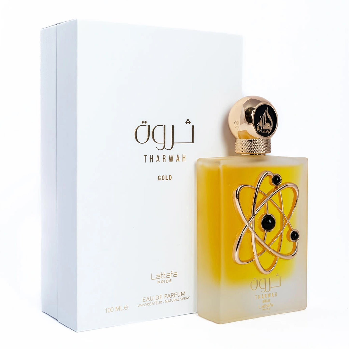 Tharwah Gold 100ml EDP by Lattafa Pride bottle and package box