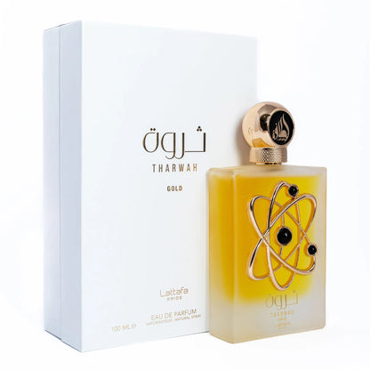 Tharwah Gold 100ml EDP by Lattafa Pride bottle and package box