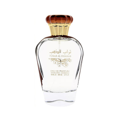 Turab Al Dhahab 100ml EDP by Ard Al Zaafaran Perfume bottle with gold cap on a white background