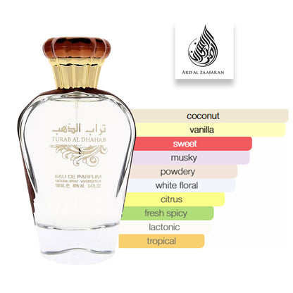 Turab Al Dhahab 100ml EDP by Ard Al Zaafaran Perfume bottle with flavor description and brand logo on a white background