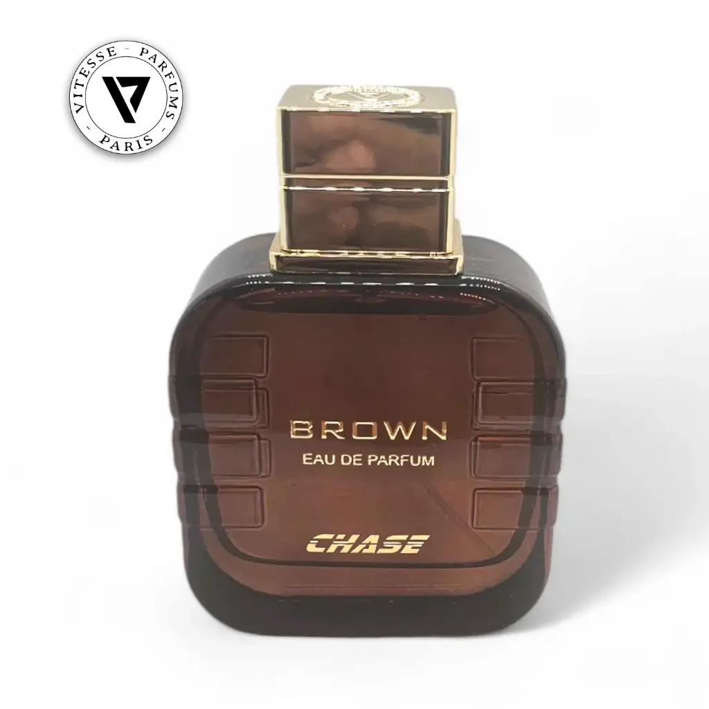 Brown perfume bottle with gold cap on a white background, featuring the Vitesse Parfums Paris logo.