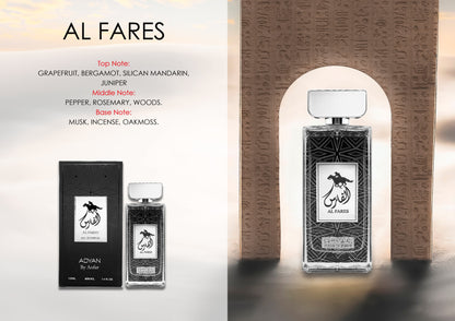 Adyan Al Fares 100ml fragrance notes and bottle presentation