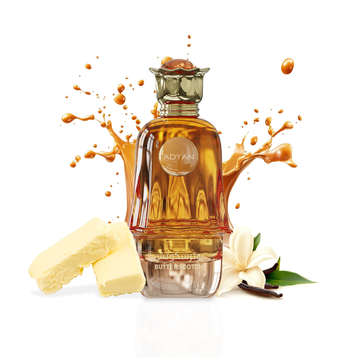 Adyan Butterscotch bottle with caramel, butter and vanilla presentation