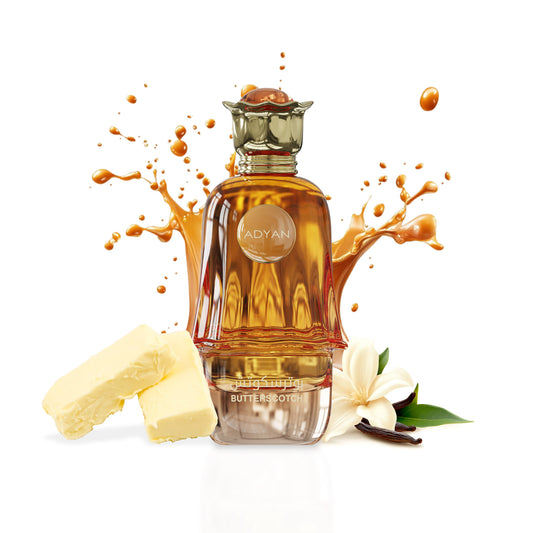 Adyan Butterscotch bottle with caramel, butter and vanilla presentation