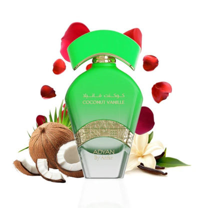 Adyan Coconut Vanille perfume by Anfar with green bottle surrounded by coconut, vanilla flower and rose petals, tropical coconut vanilla fragrance extrait de parfum.