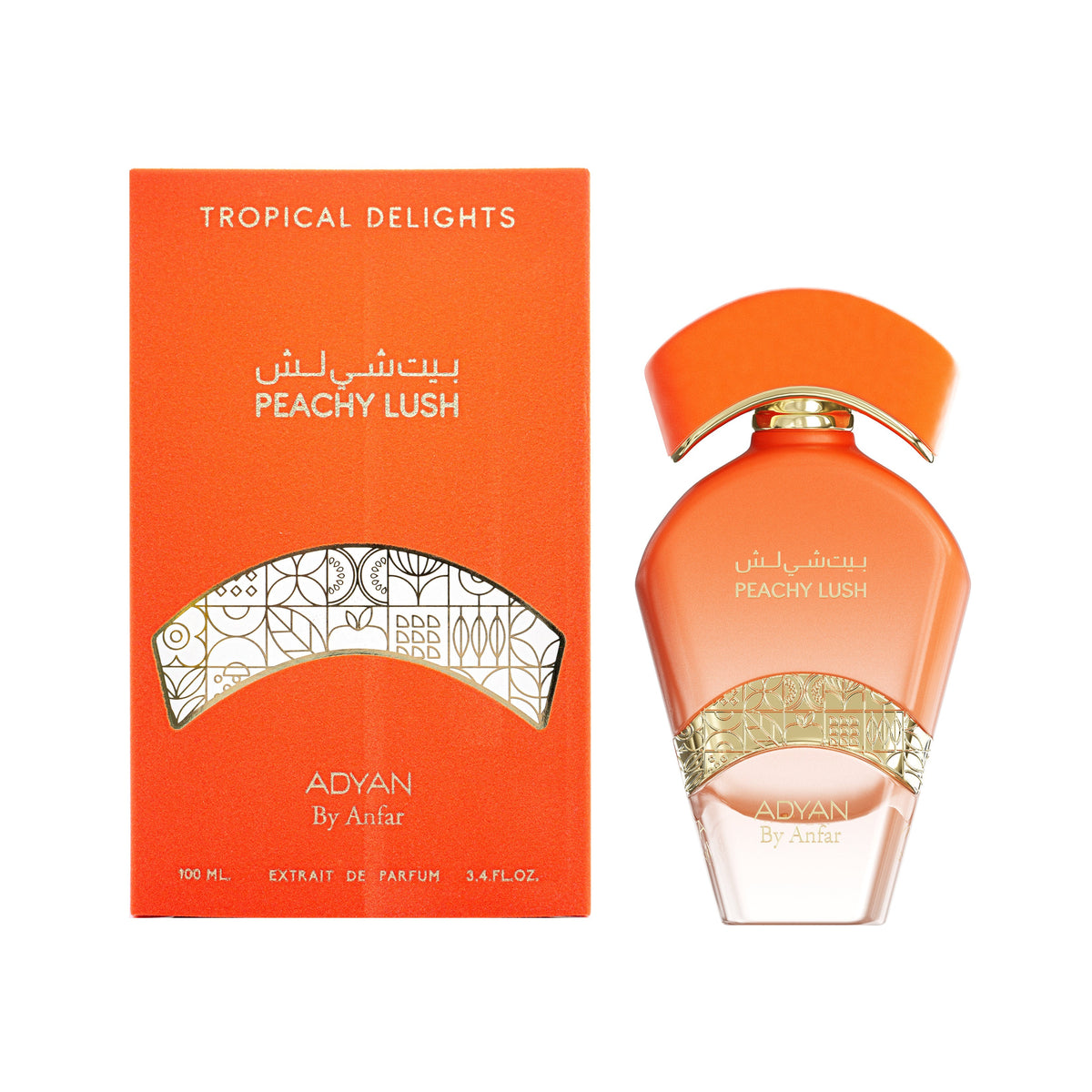 Adyan Peachy Lush 100ml Extrait de Parfum coral bottle and Tropical Delights box