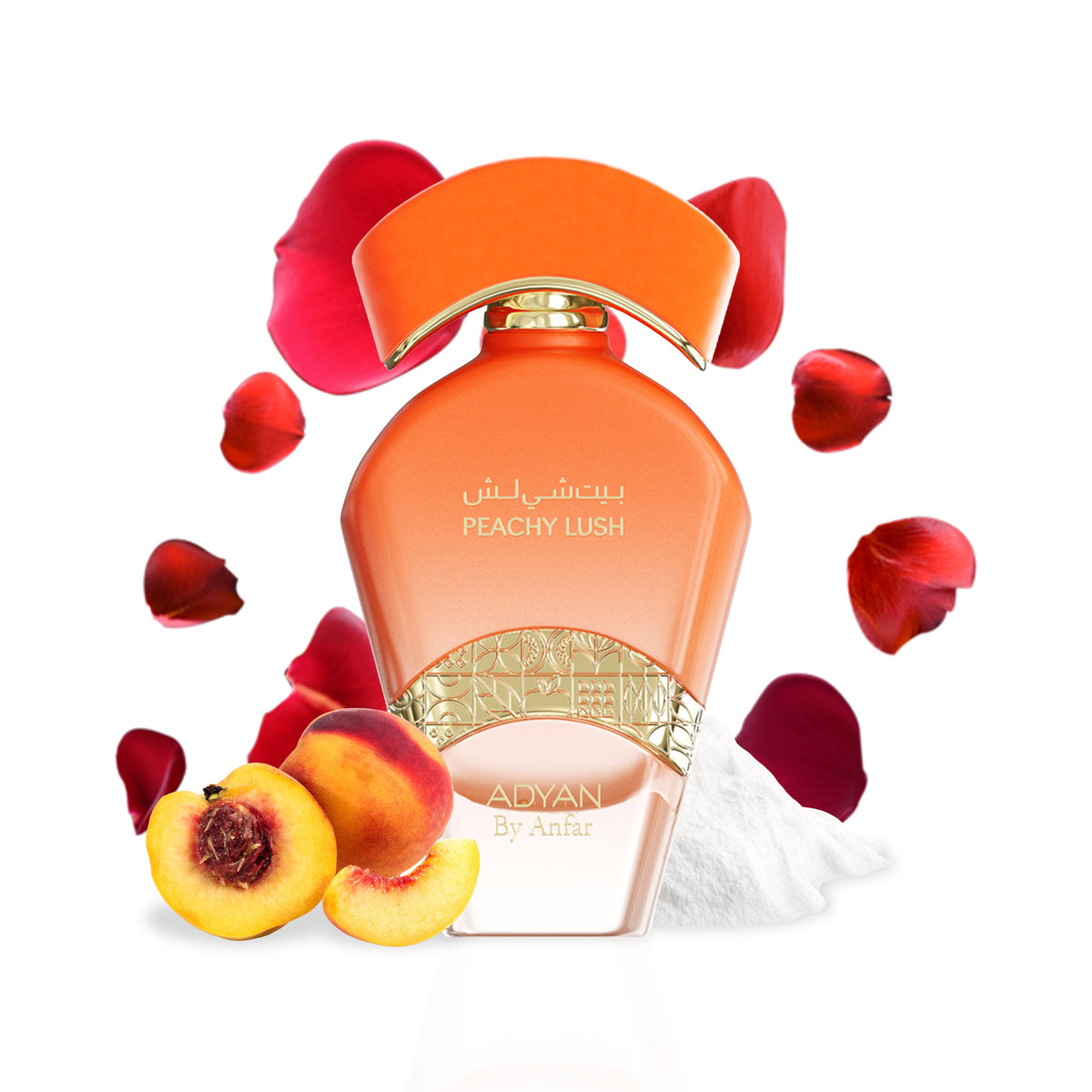 Adyan Peachy Lush perfume bottle with peach and rose presentation