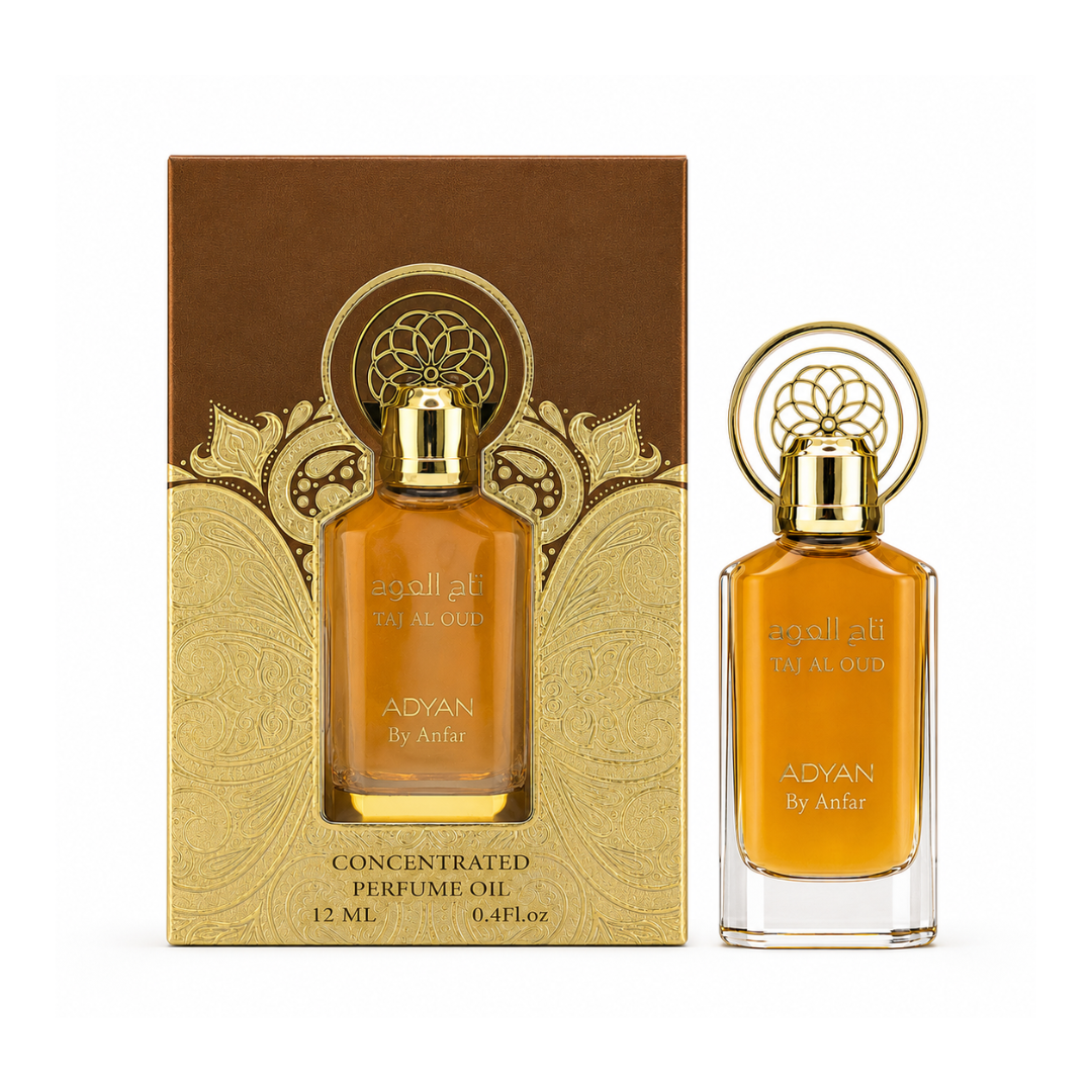 Adyan Taj Al Oud 12ml concentrated perfume oil bottle and box