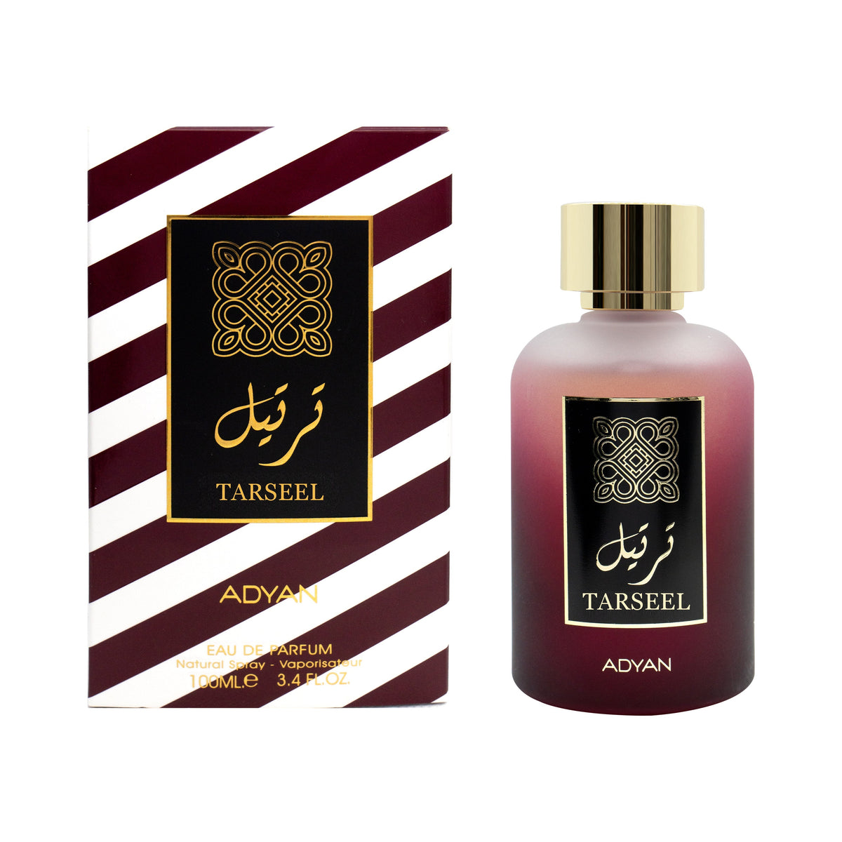 Adyan Tarseel 100ml Eau de Parfum bottle and striped presentation box