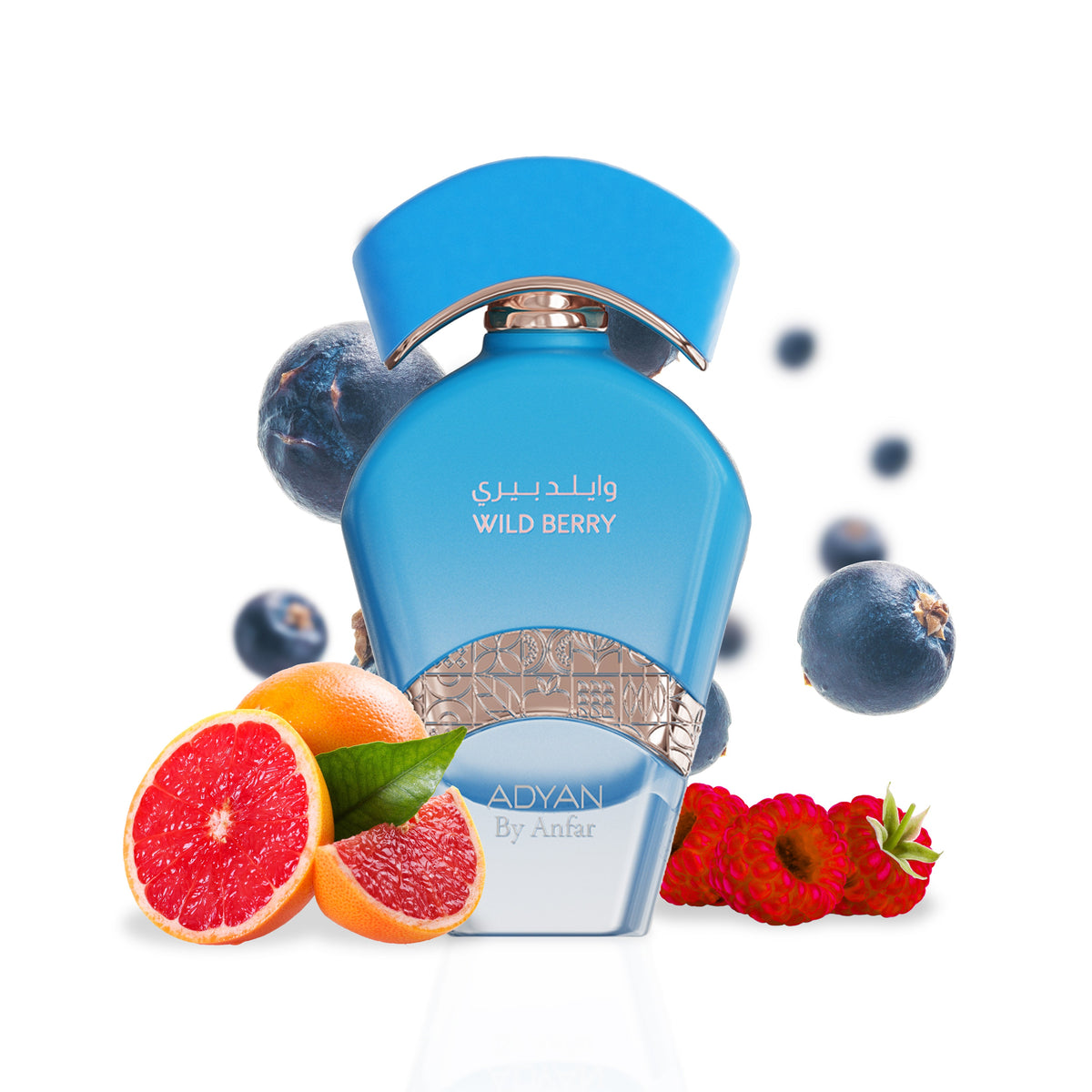 Adyan Wild Berry perfume bottle with blueberries, grapefruit and raspberries