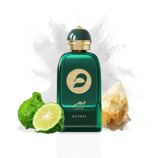 Ajyad Dahr perfume bottle with bergamot and amber styling