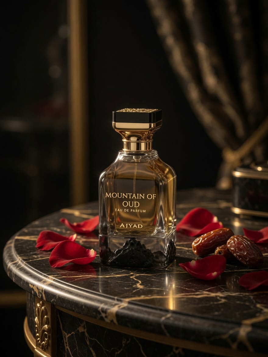 Ajyad Mountain of Oud bottle displayed with rose petals and dates