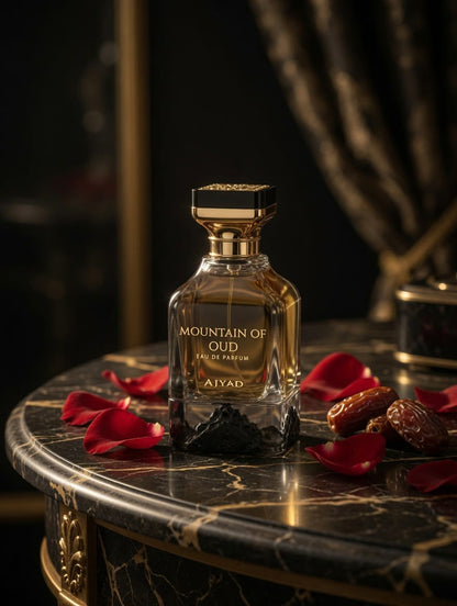 Ajyad Mountain of Oud bottle displayed with rose petals and dates