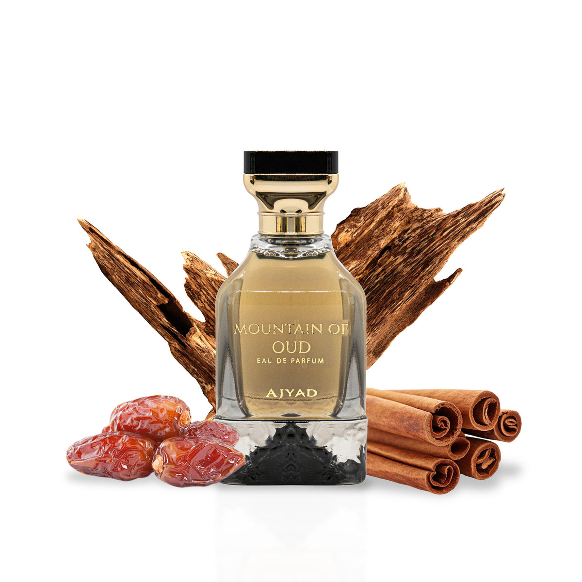 Ajyad Mountain of Oud perfume bottle with dates, cinnamon and wood styling