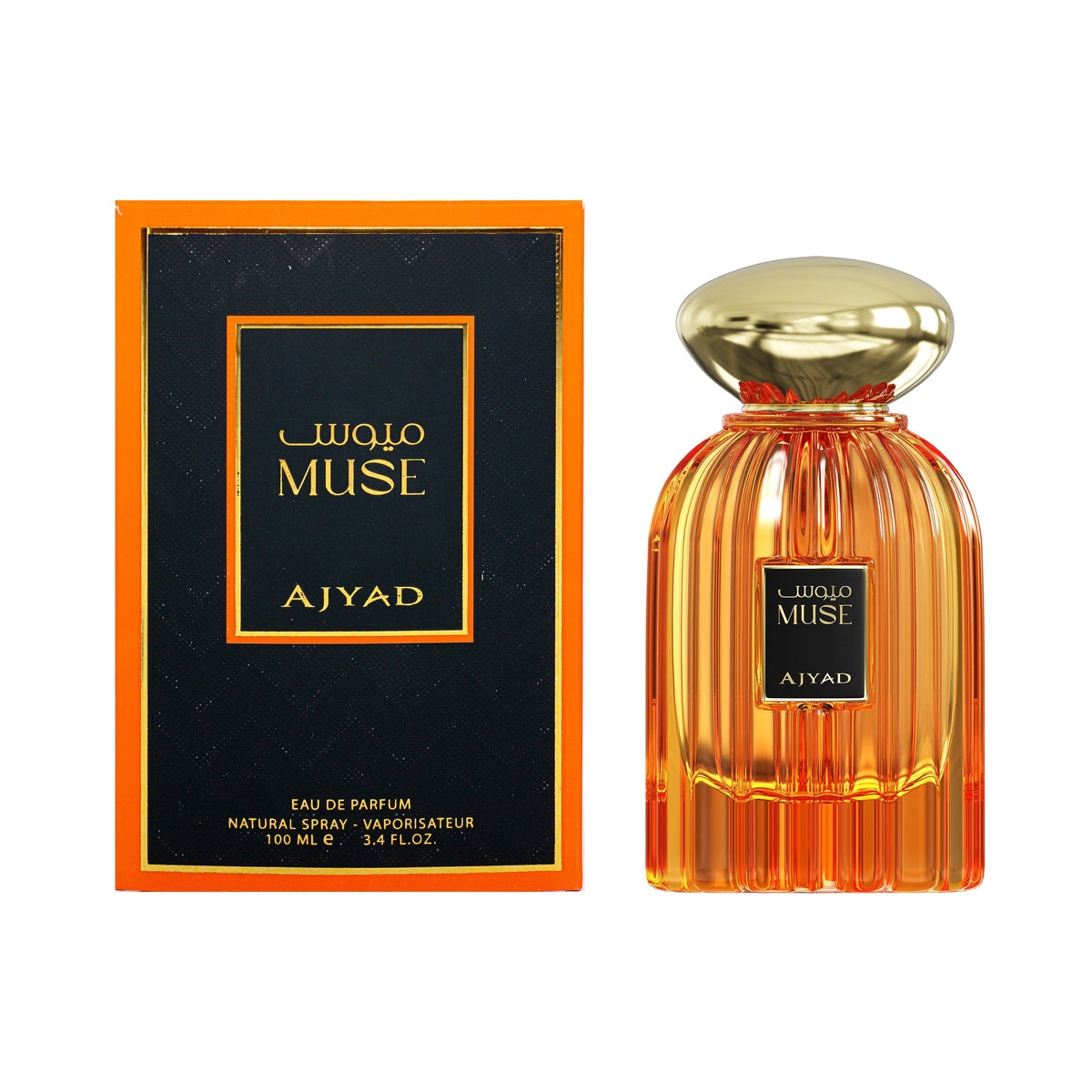 Ajyad Muse EDP 100ml bottle and black and orange presentation box